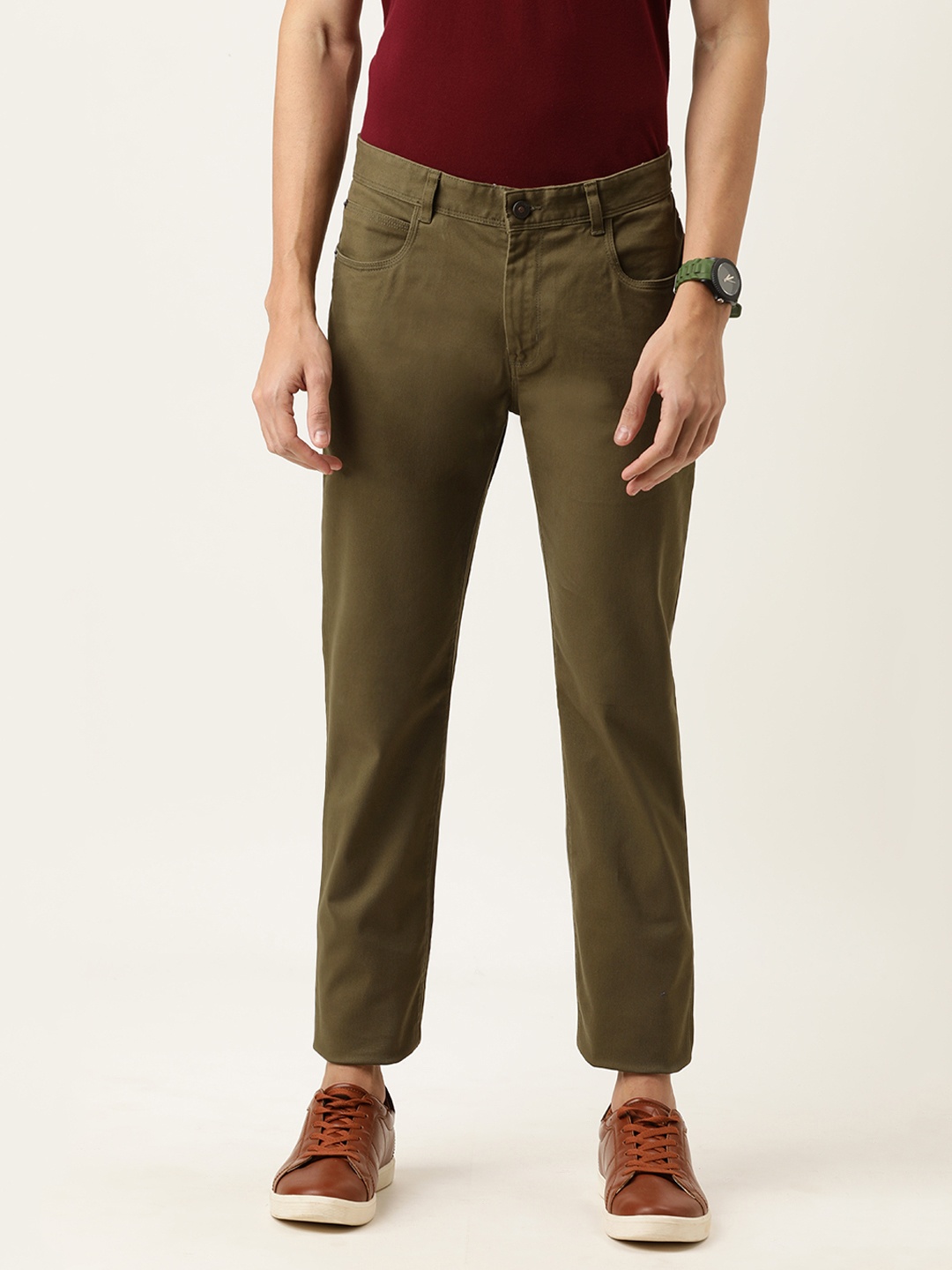 

Peter England Casuals Men Olive Green Solid Slim Fit Trousers