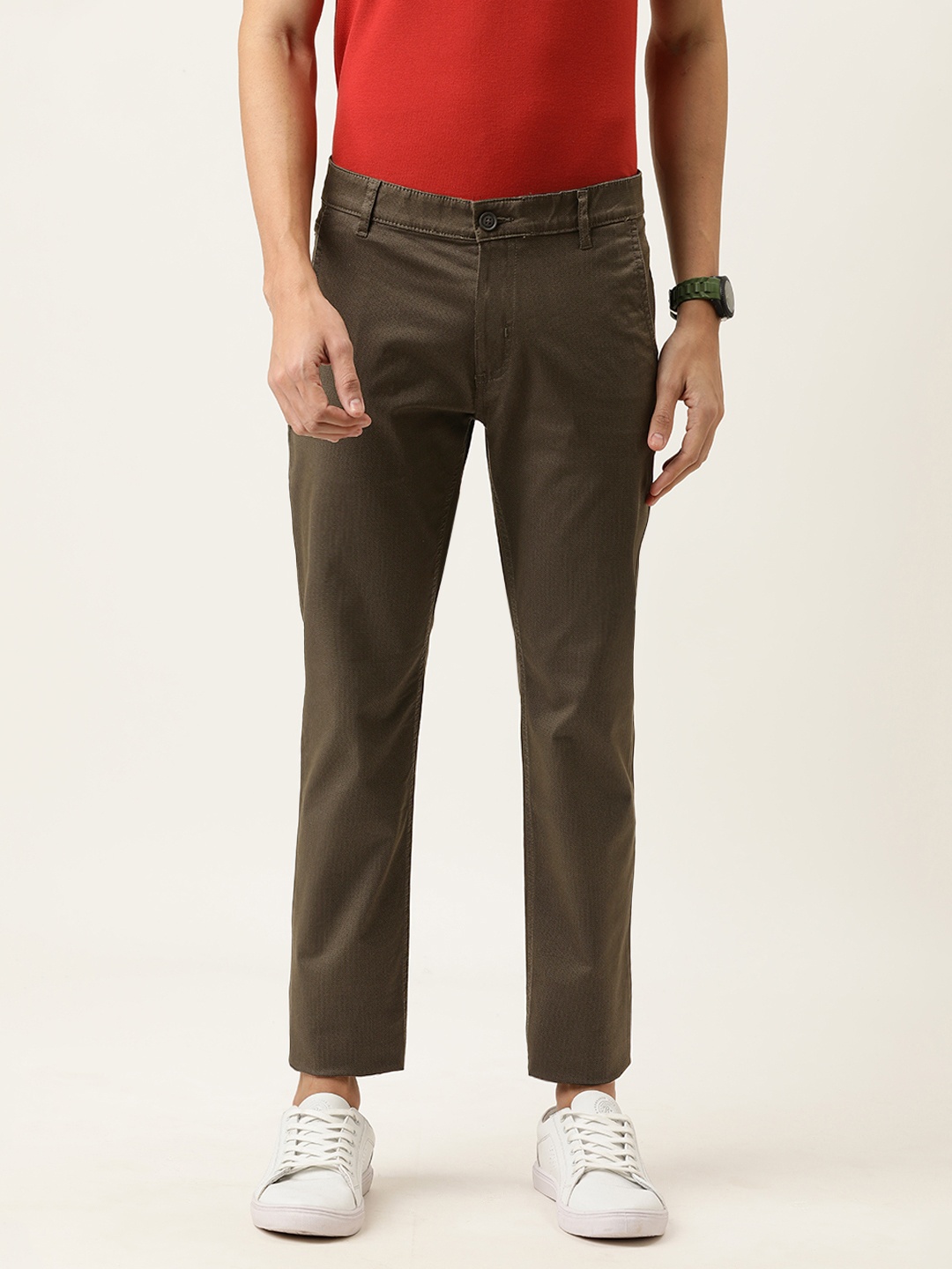 

Peter England Casuals Men Khaki Printed Slim Fit Regular Trousers