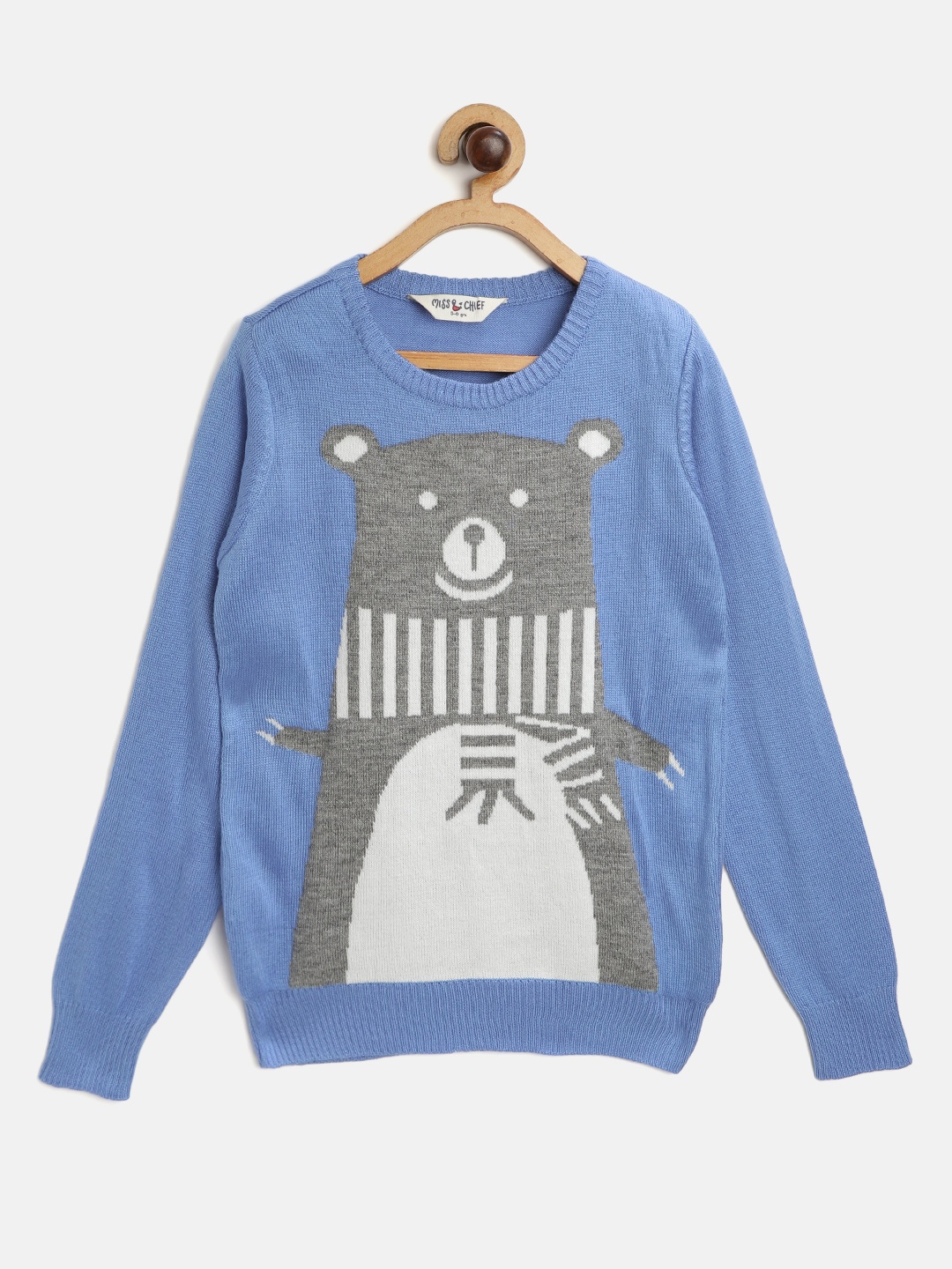 

Miss & Chief Boys Blue & Grey Melange Pure Cotton Bear Self-Design Pullover
