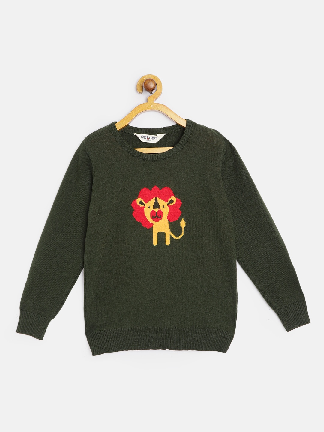

Miss & Chief Boys Olive Green Solid Cotton Pullover with Embroidered Detail