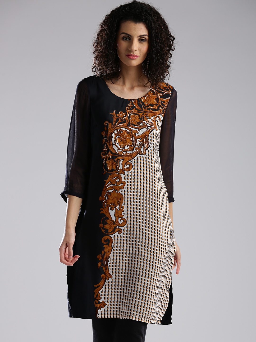

WISHFUL by W women Black & Off-White Printed Sequinned Kurta