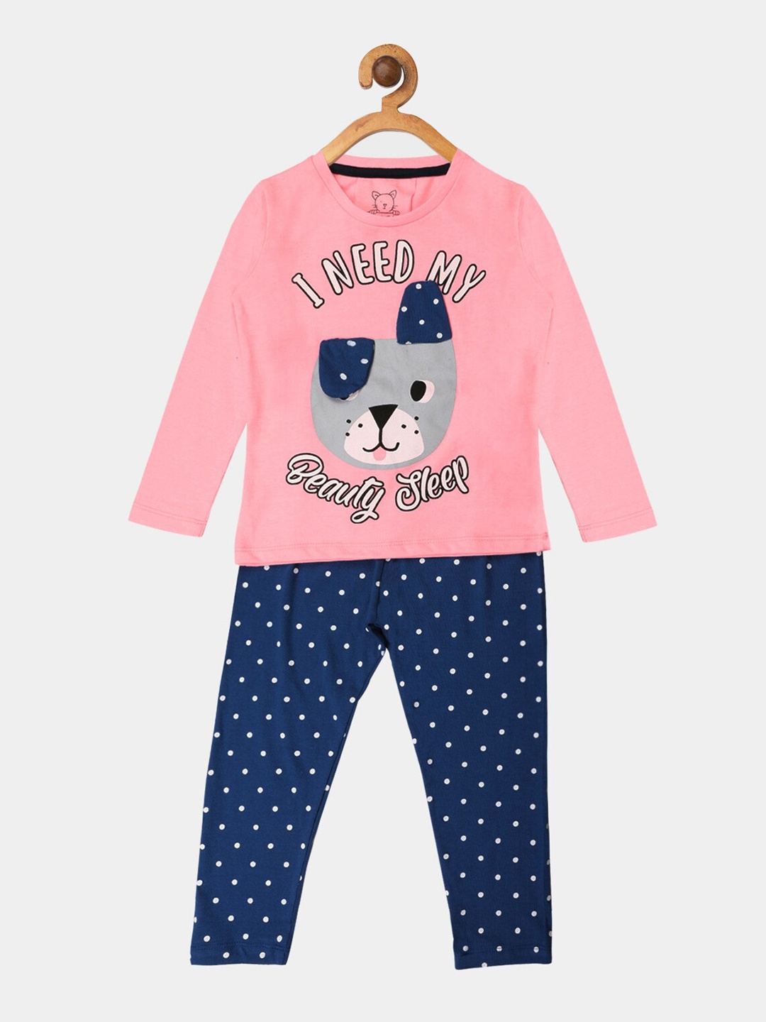 

Lazy Shark Girls Pink & Navy Blue Printed Night suit