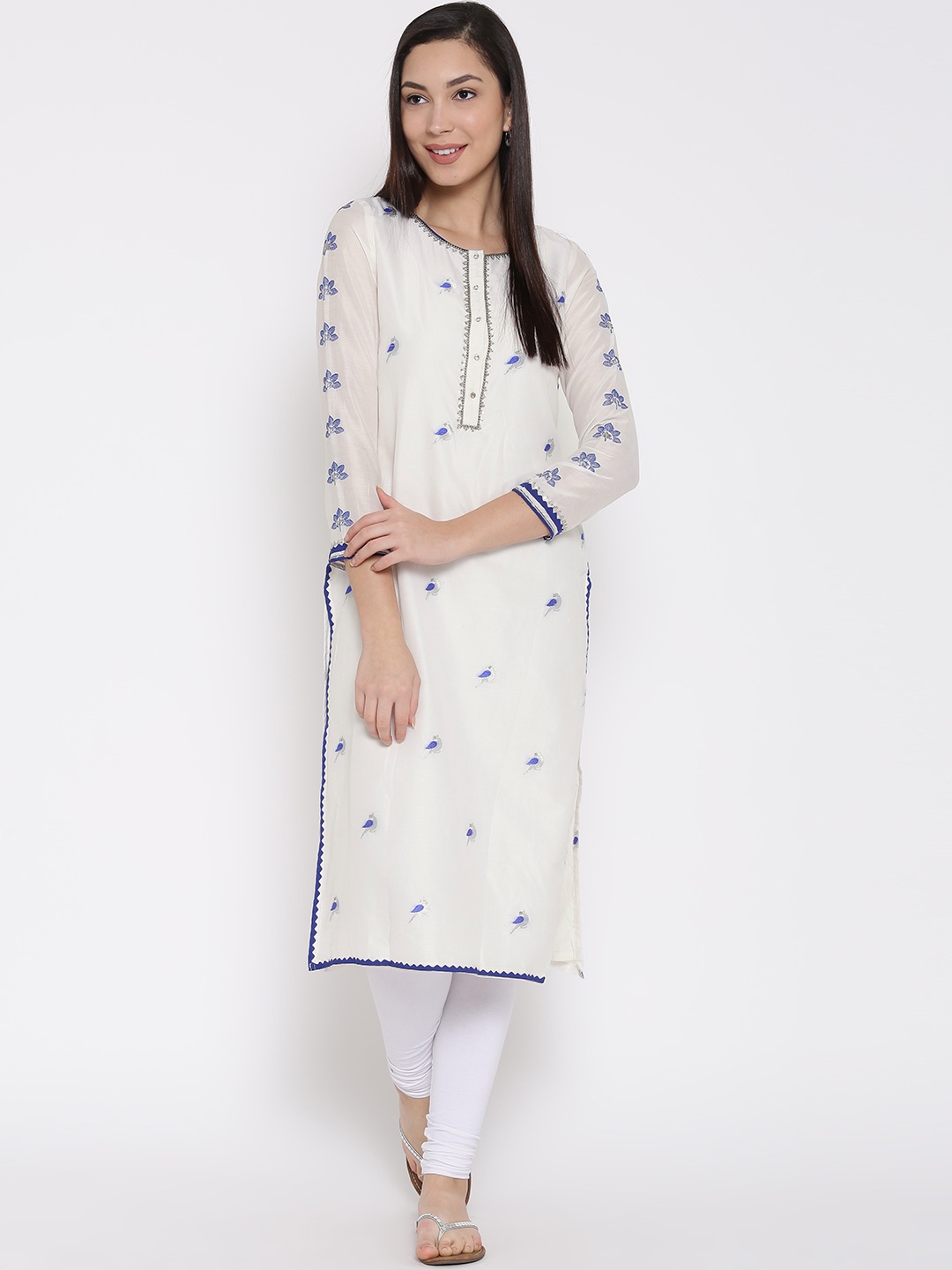 

WISHFUL by W Women White Woven Design Straight Kurta
