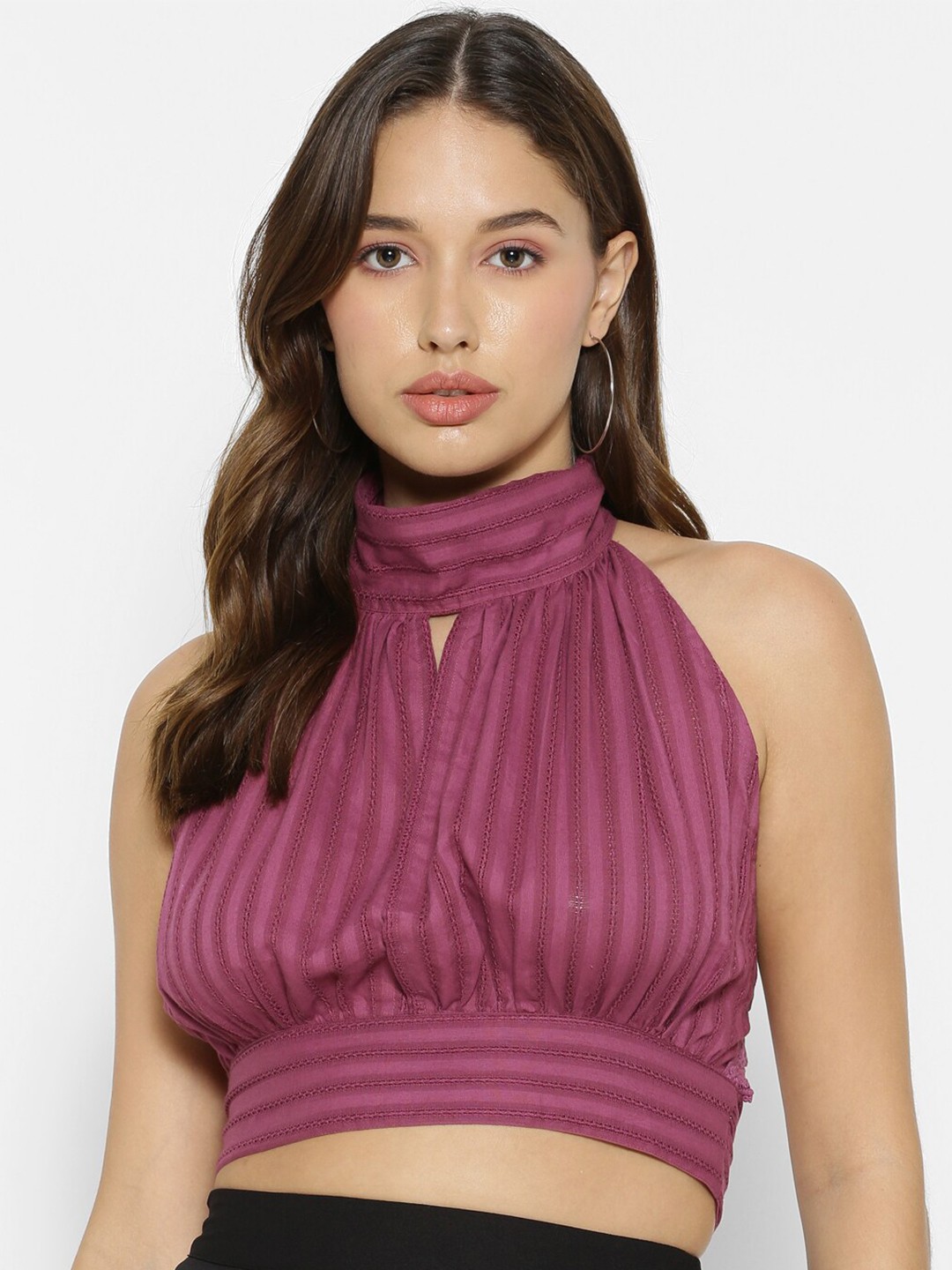

FOREVER 21 Women Purple Striped Regular Crop Top