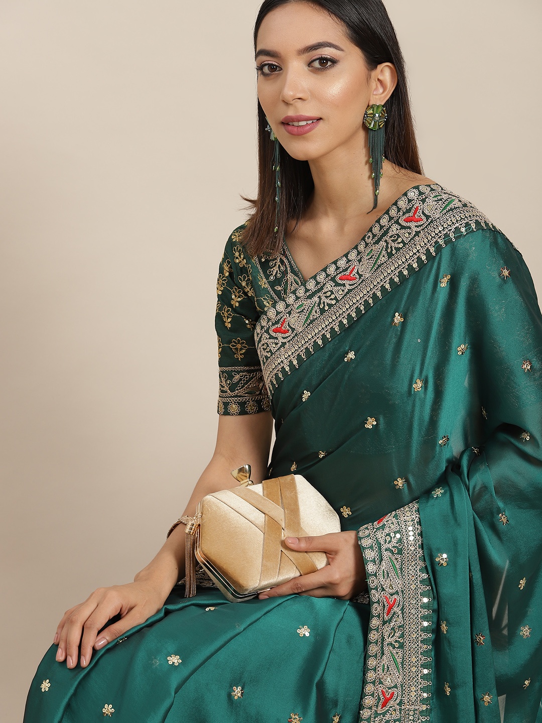 

Mitera Teal Sequinned Silk Blend Ethnic Embellished Party Saree