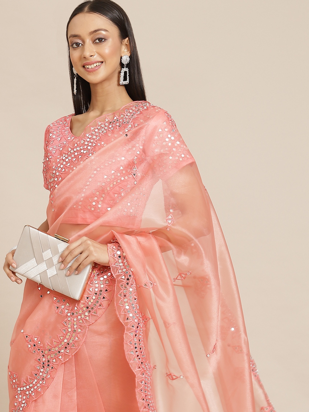 

Mitera Peach-Coloured Embellished Mirror Work Organza Saree