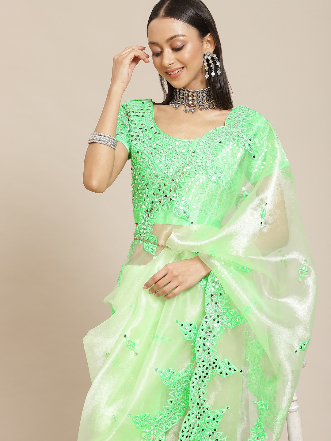 

Mitera Green Embellished Mirror Work Organza Saree