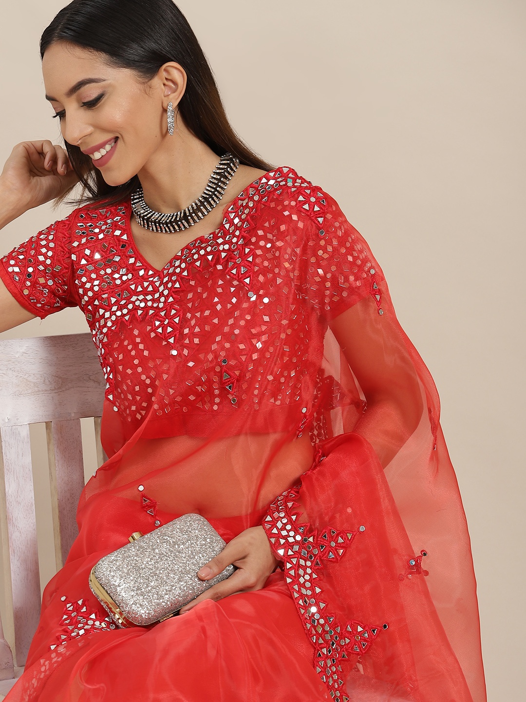 Mitera Red Embellished Mirror Work Organza Saree