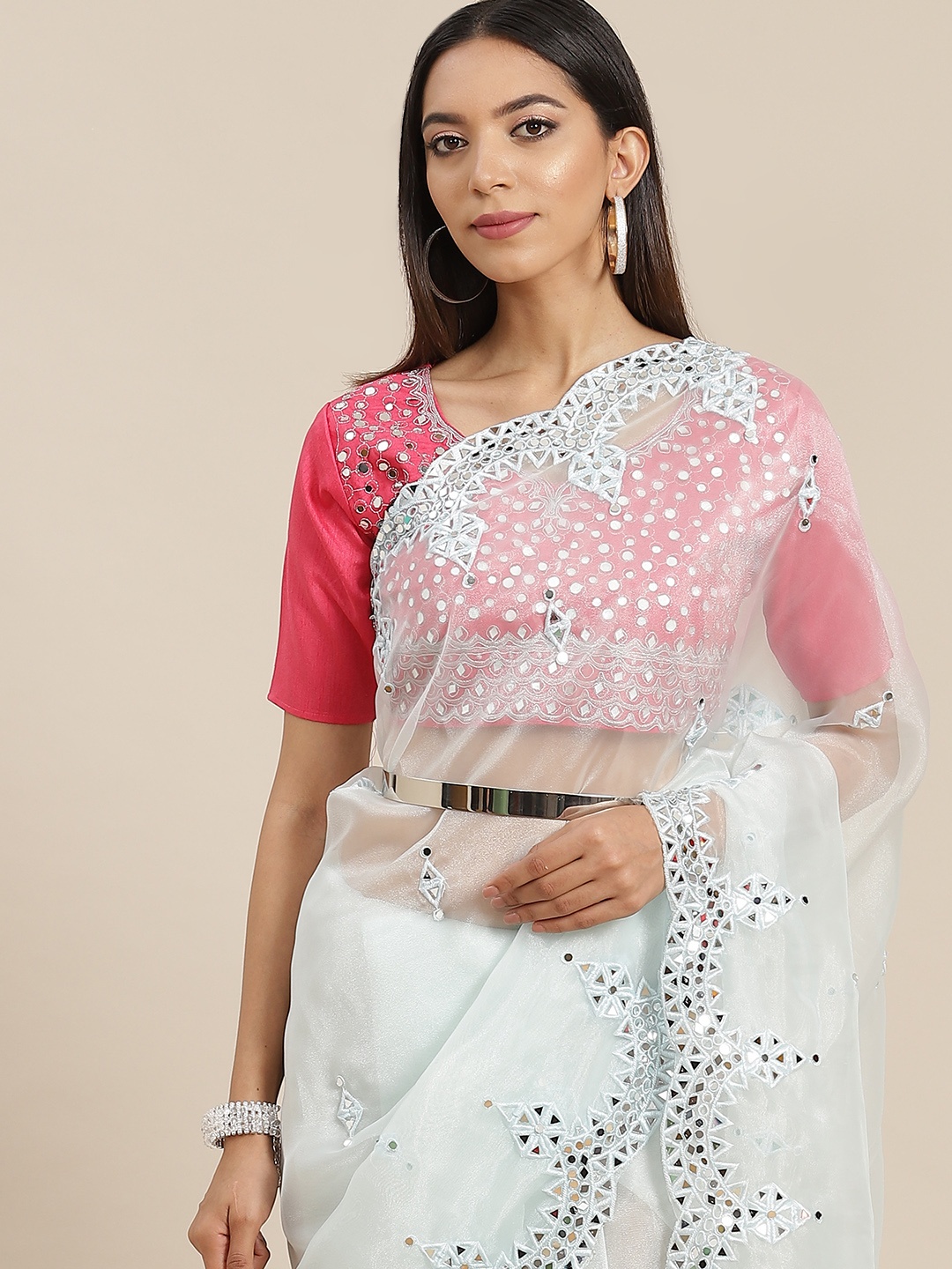 

Mitera Blue Embellished Mirror Work Organza Saree