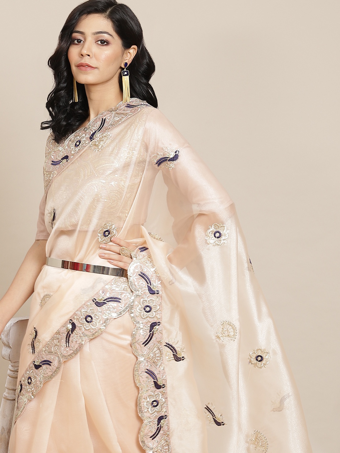

Mitera Beige Sequinned Silk Blend Ethnic Embellished Party Organza Saree