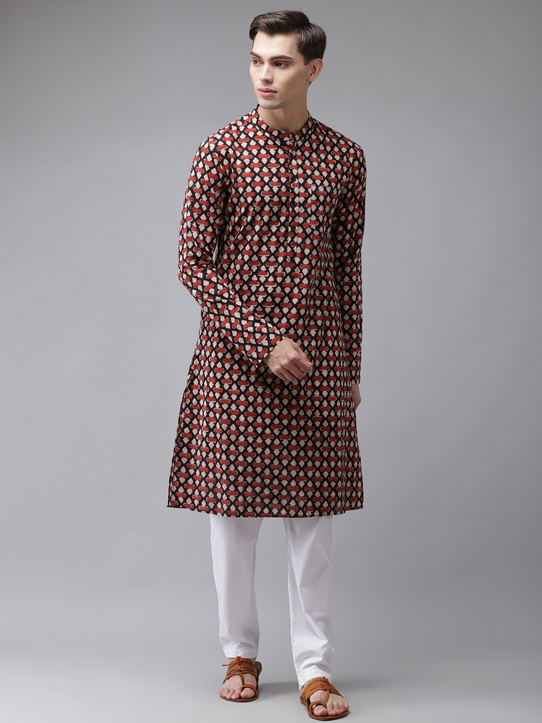 

See Designs Men Maroon Ethnic Motifs Printed Regular Pure Cotton Kurta with Pyjamas