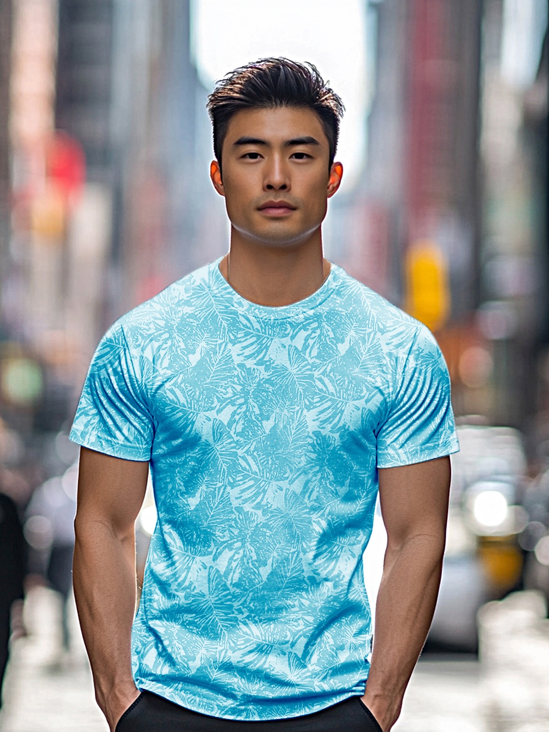

Urbano Fashion Men Turquoise Blue Printed Tropical Slim Fit T-shirt