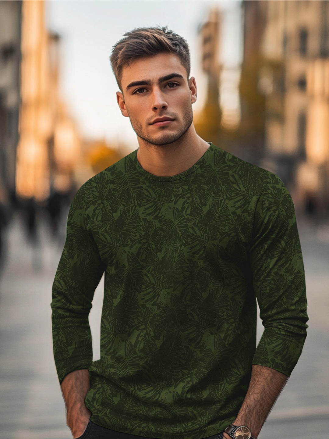

Urbano Fashion Men Olive Green Printed Tropical Slim Fit T-shirt
