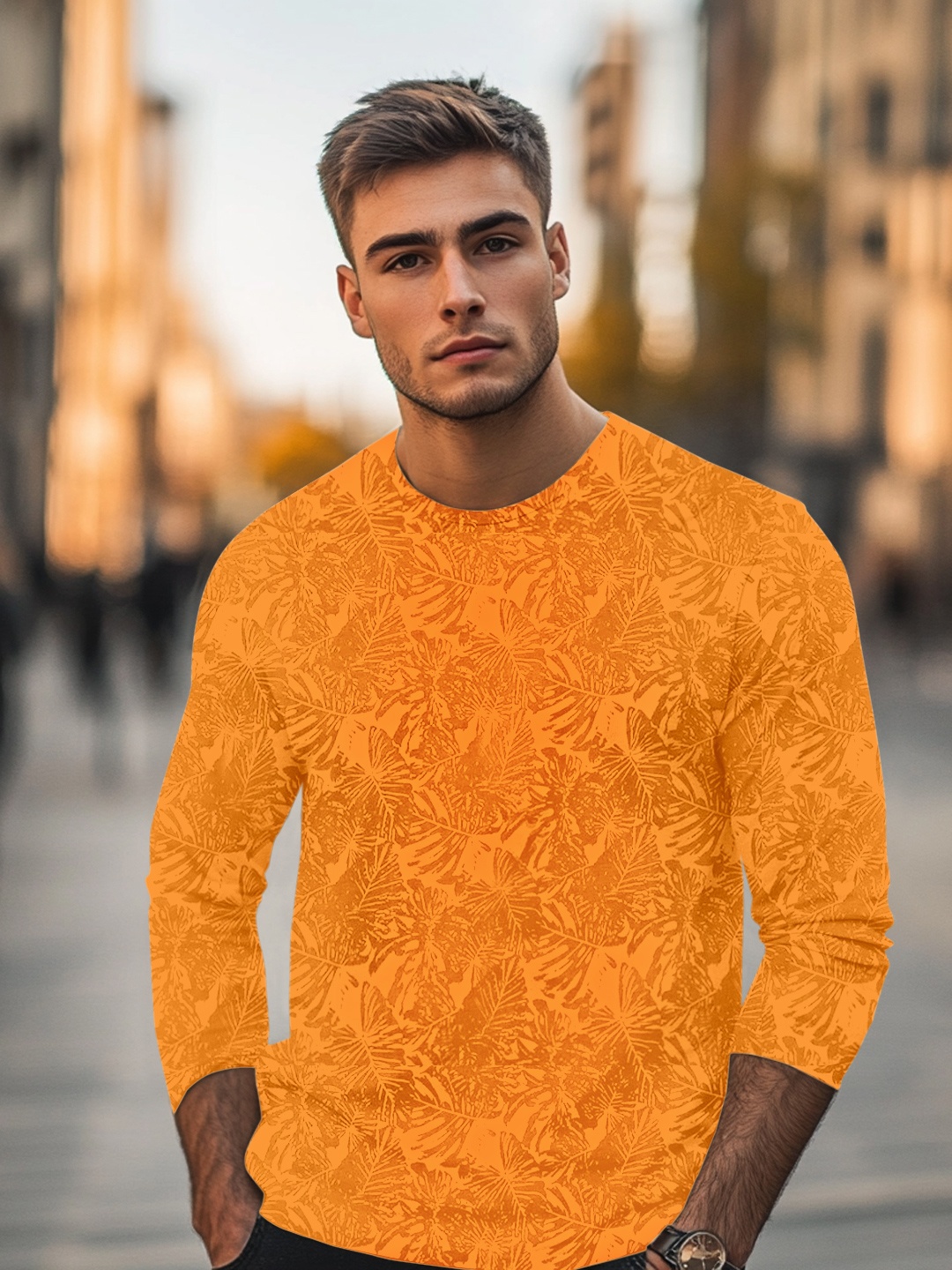 

Urbano Fashion Men Mustard Yellow Printed Slim Fit Pure Cotton T-shirt