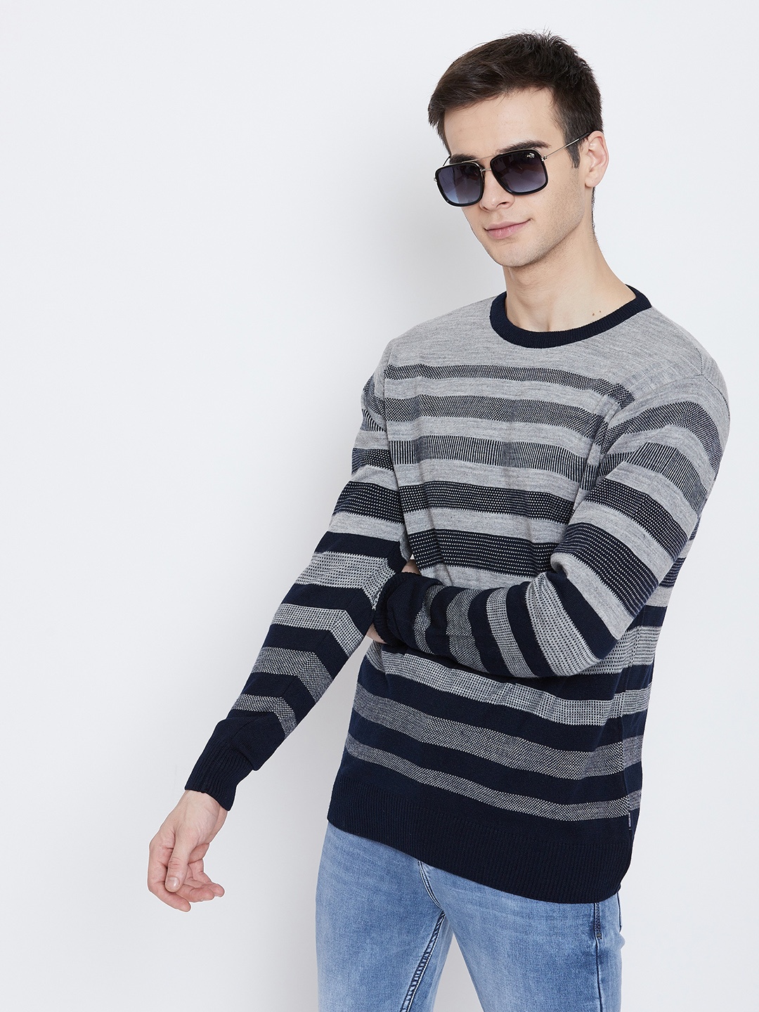 

Crimsoune Club Men Navy Blue & White Striped Pullover