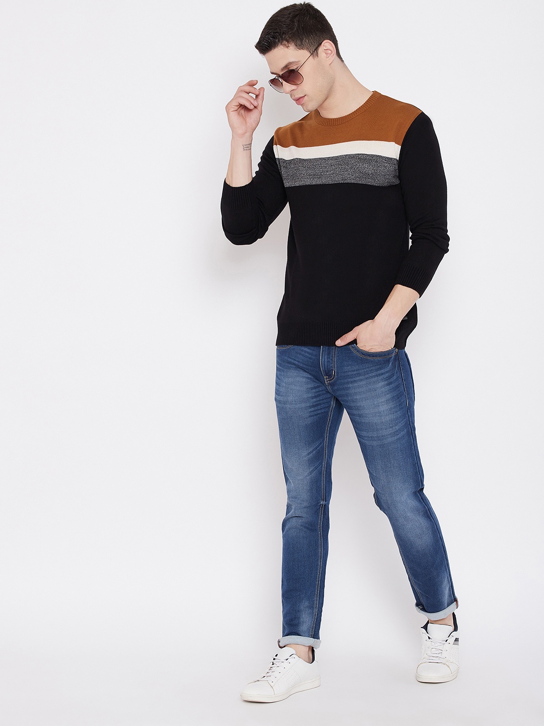 

Crimsoune Club Men Black & Brown Colourblocked Pullover