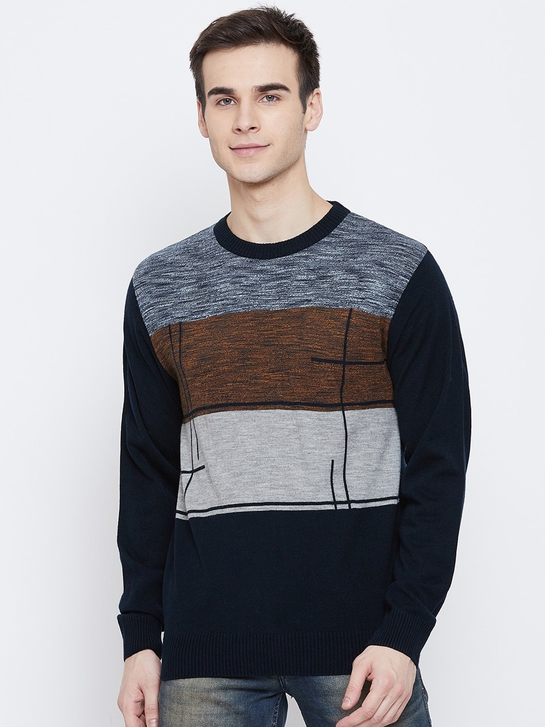 

Crimsoune Club Men Navy Blue & Off White Colourblocked Pullover