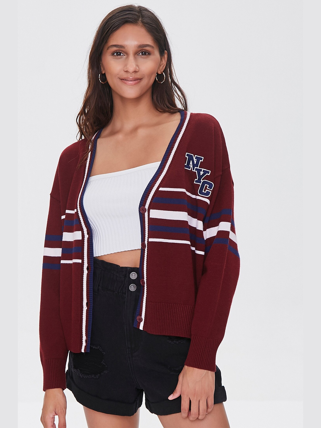 

FOREVER 21 Women Maroon & White Striped Cardigan