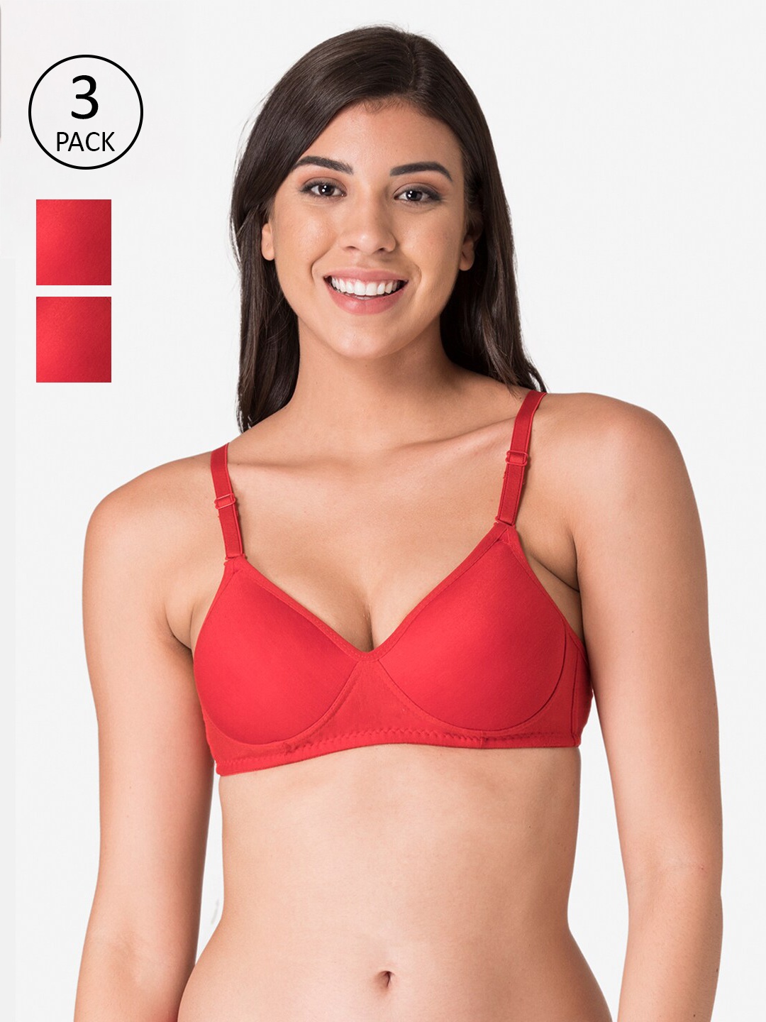 

KOMLI Women Pack Of 3 Red Solid Non-Wired Lightly Padded T-Shirt Bra
