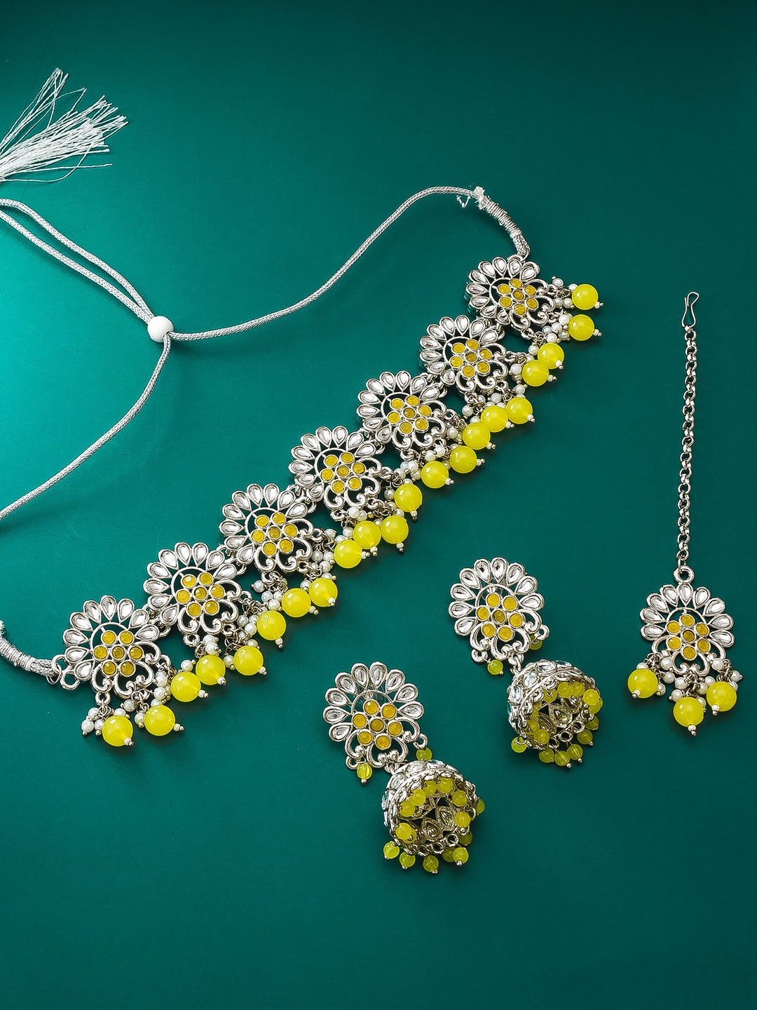 

aadita Women Silver & Yellow German Tribal Silver Choker Jewellery Set With Mangtikka