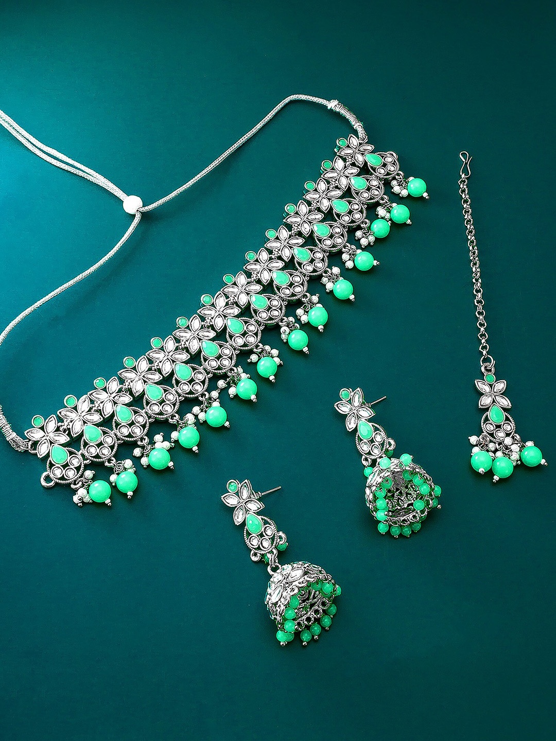 

aadita German Oxidised Tribal Silver Pearl and Stones Choker Jewellery Set