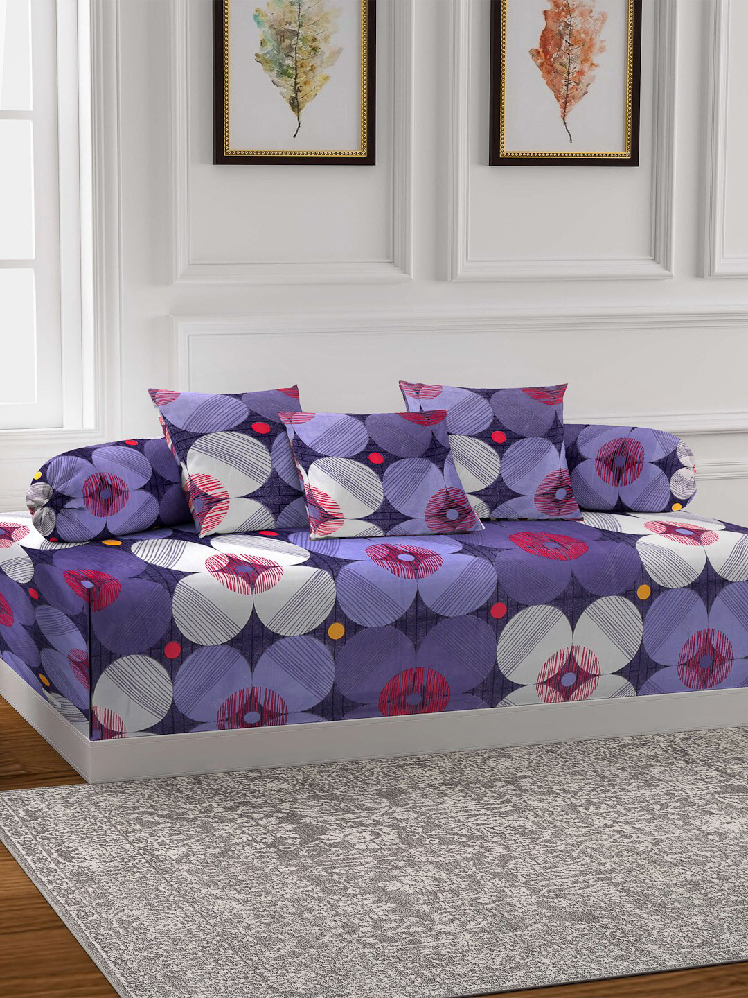 

Arrabi Set of 6 Blue Floral Cotton Blend Diwan Set