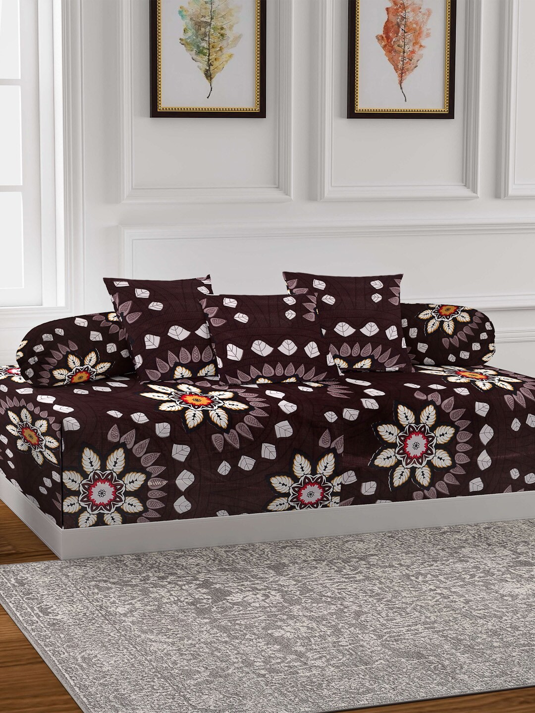 

Arrabi Set of 6 Black Floral Cotton Blend Diwan Set