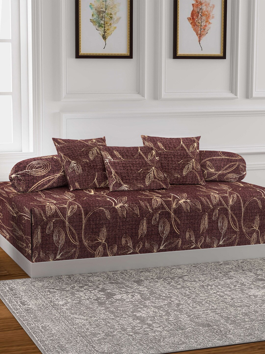 

Arrabi Brown Set of 6 Floral Cotton Blend Diwan Set