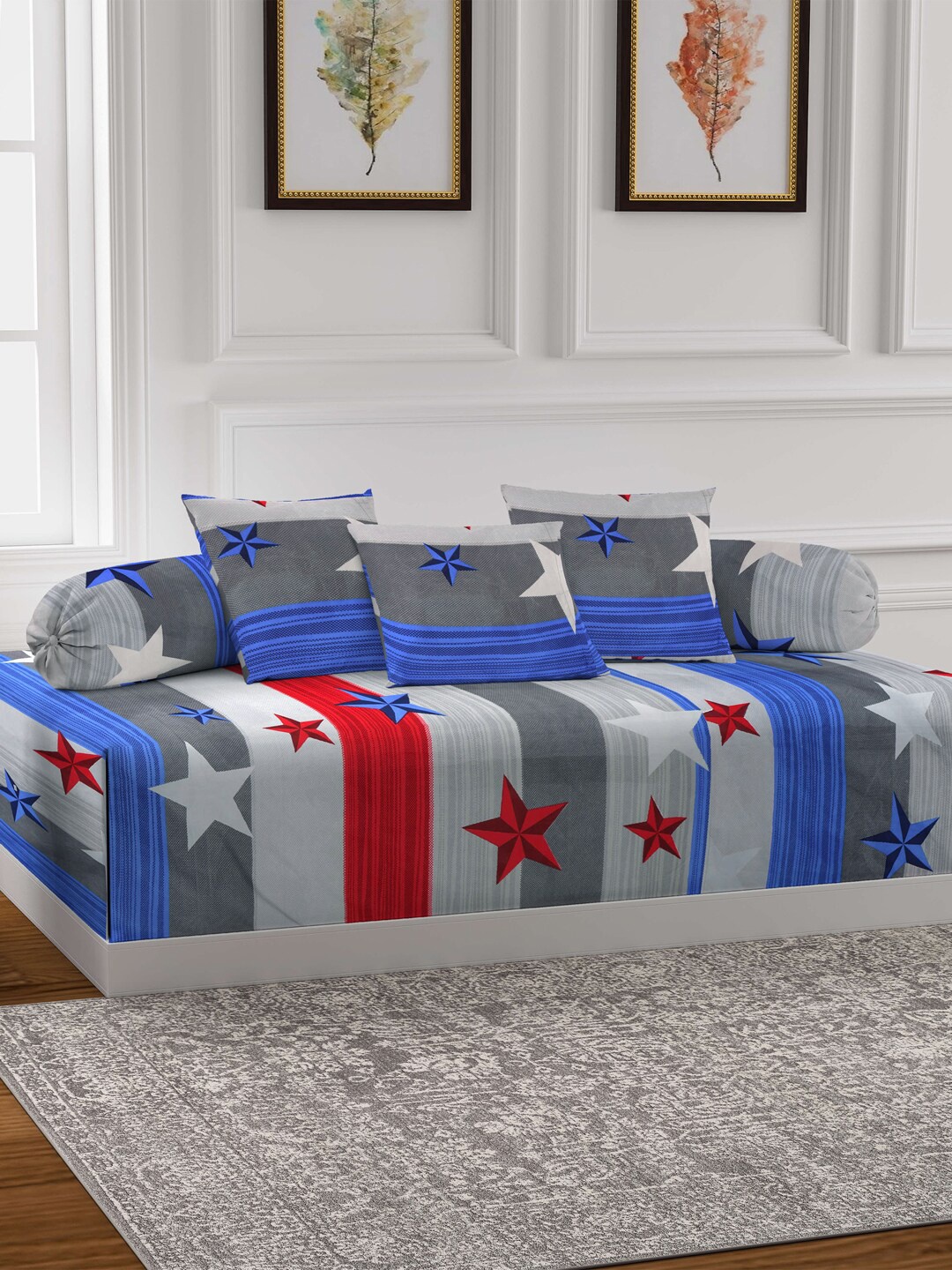 

Arrabi Grey & Blue Set of 6 Printed Diwan Set