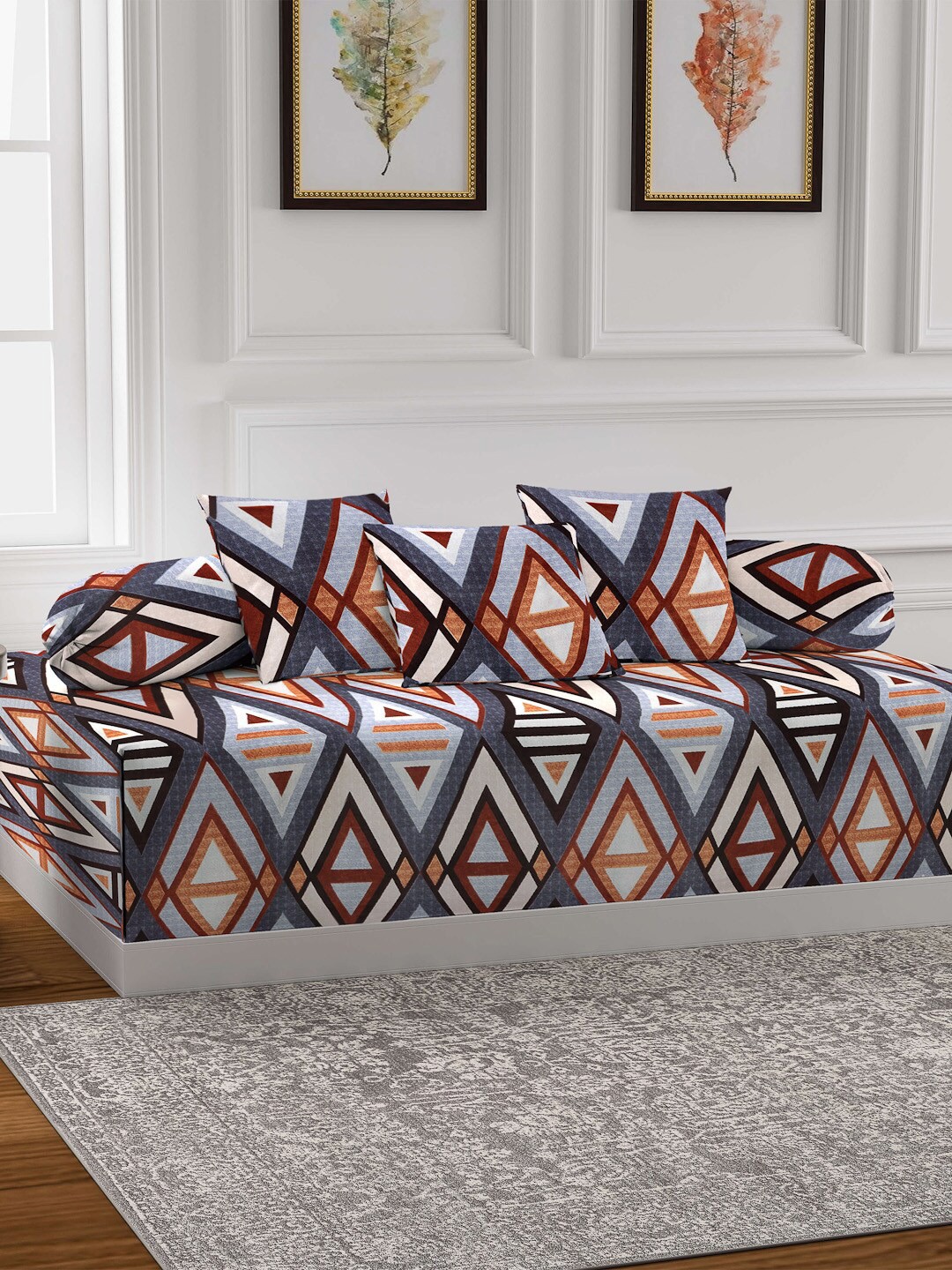 

Arrabi White & Blue Set of 6 Printed Diwan Set