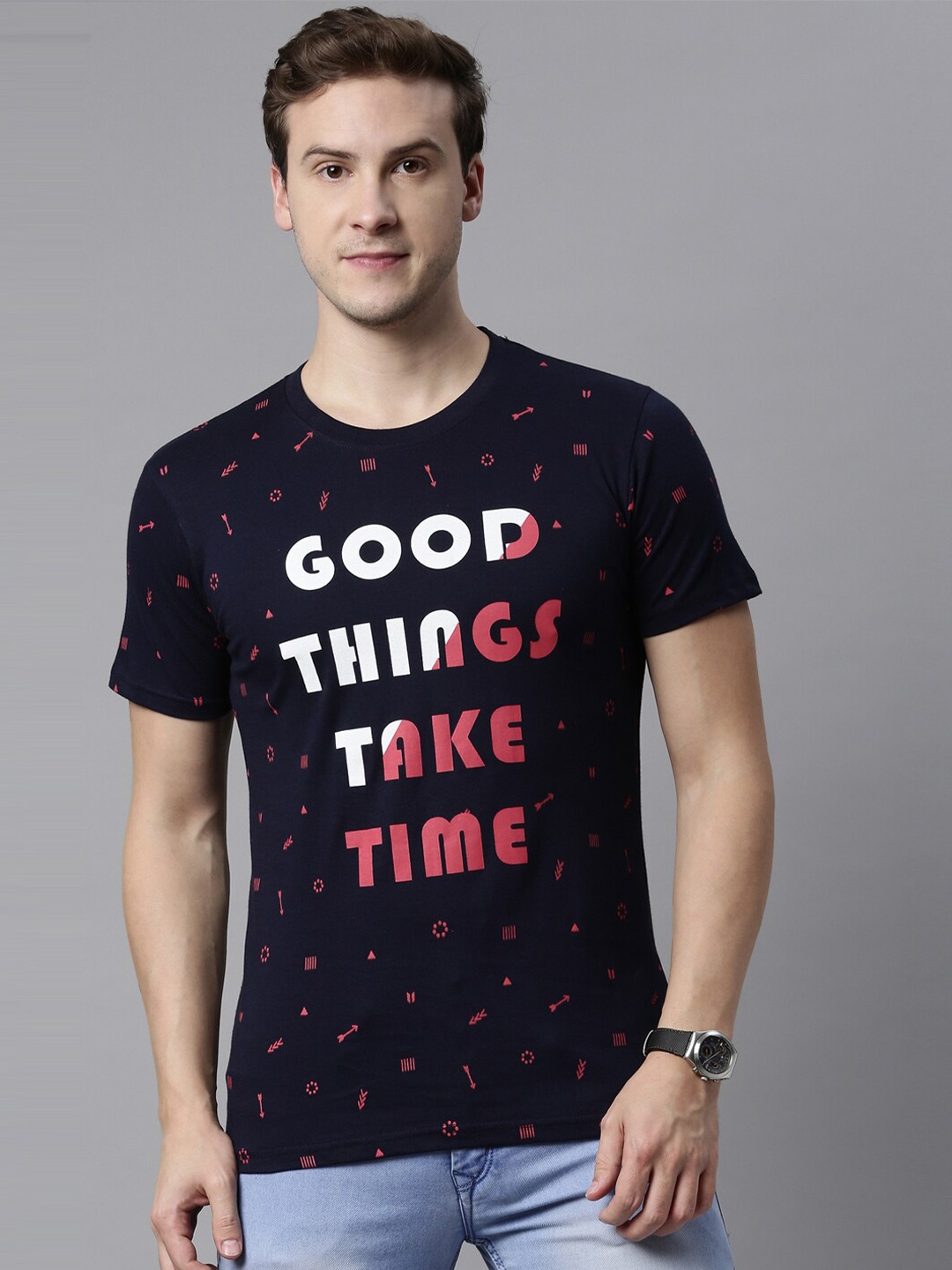 

Joven Men Navy Blue Typography Printed T-shirt