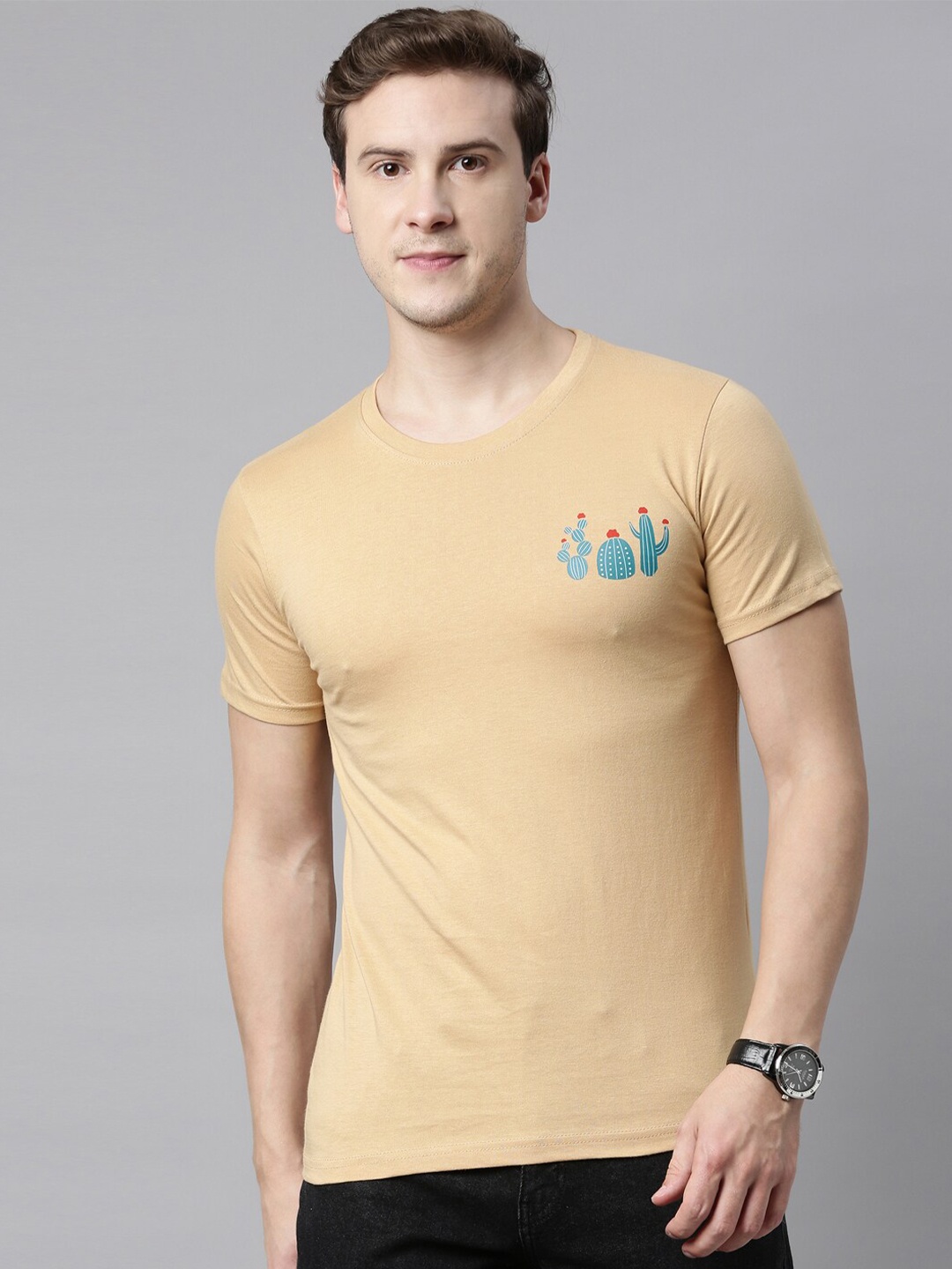 

Joven Men Beige Typography Applique T-shirt