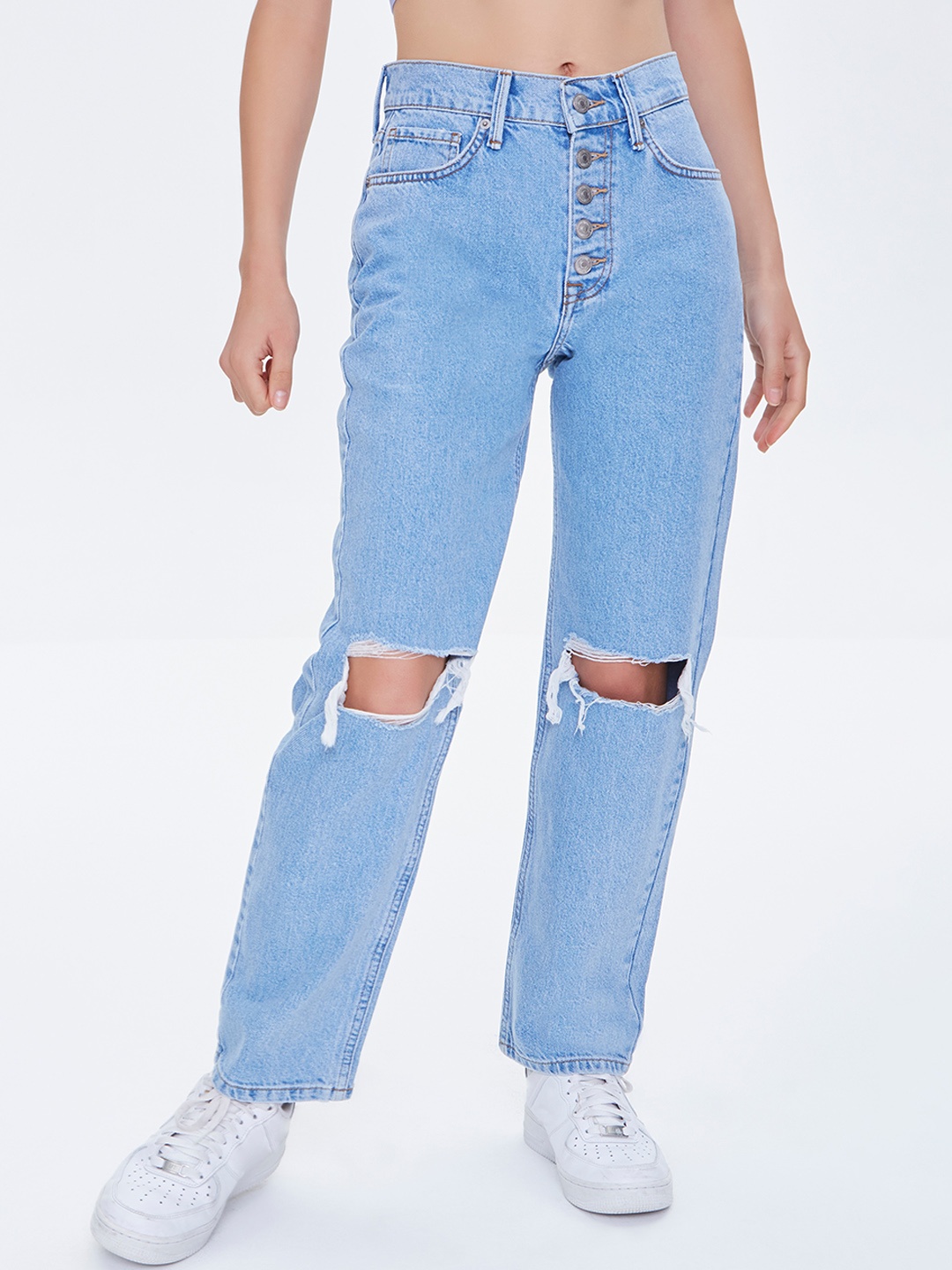 

FOREVER 21 Women Blue Straight Fit Slash Knee Cotton Jeans