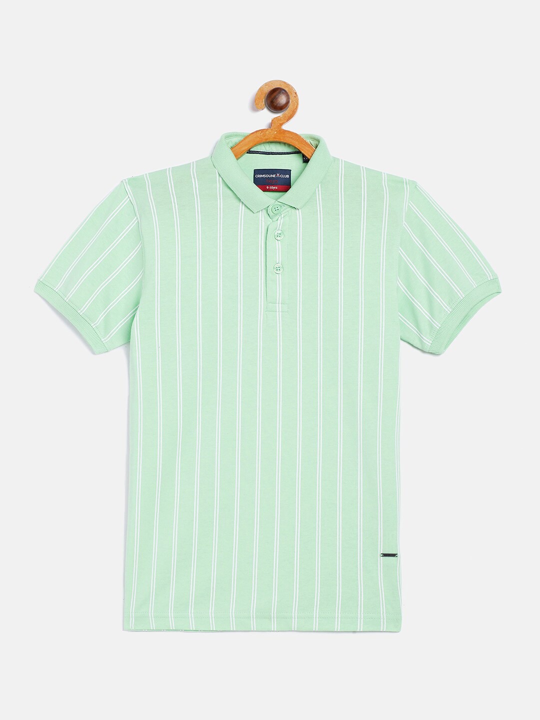 

Crimsoune Club Boys Green & White Striped Polo Collar Cotton T-shirt