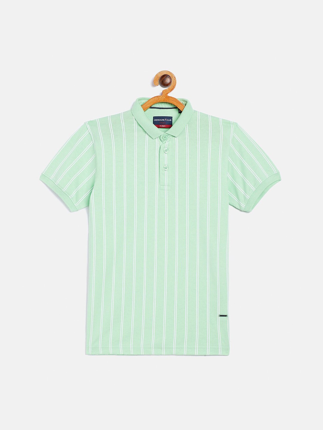 

Crimsoune Club Boys Green & White Striped Polo Collar Cotton T-shirt