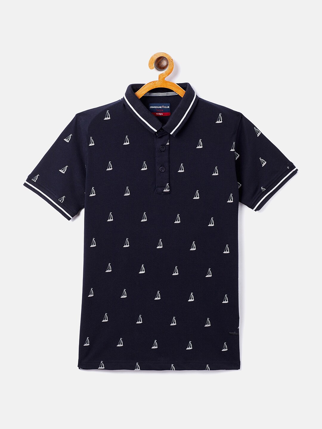 

Crimsoune Club Boys Navy Blue & White Printed Polo Collar T-shirt