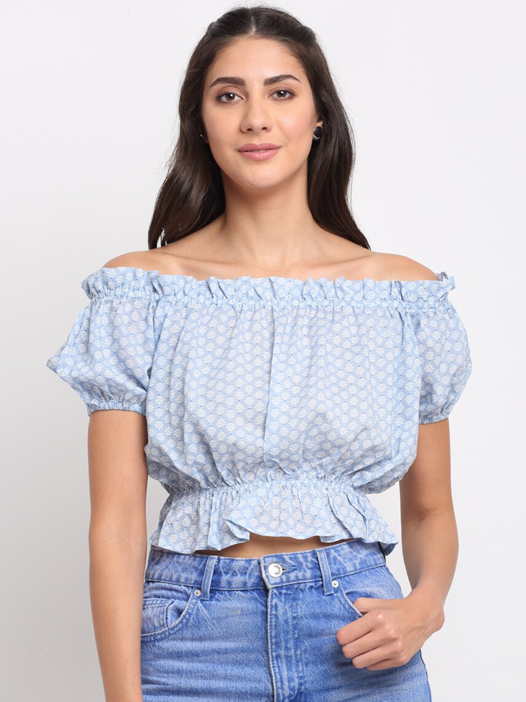 

Just Wow Blue Floral Off-Shoulder Bardot Crop Top