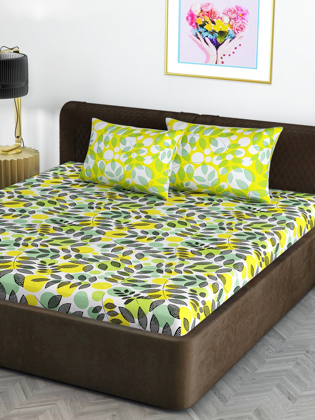 

Divine Casa Yellow & Green Floral 120 TC King Bedsheet with 2 Pillow Covers