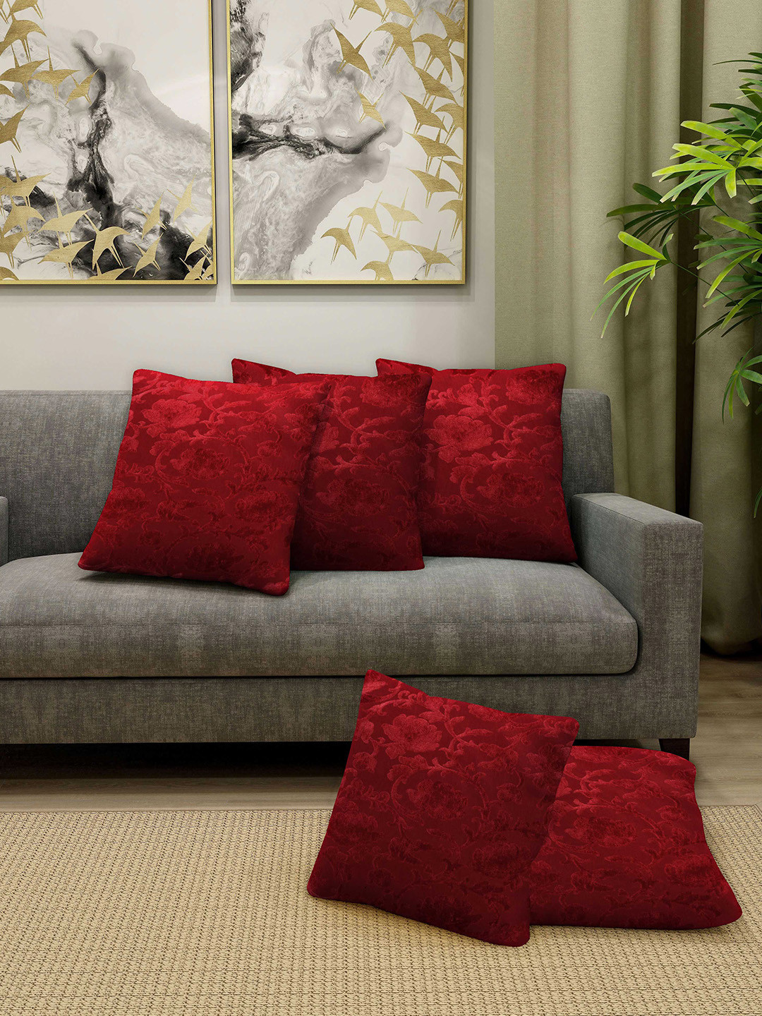 

Arrabi Red Set of 5 Floral Square Cushion Covers
