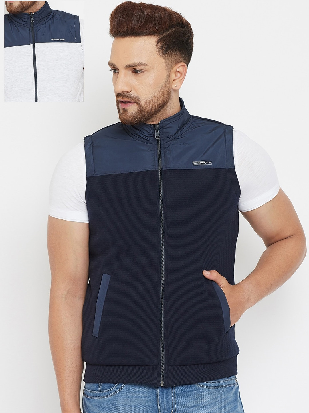 

Crimsoune Club Men Navy Blue Colourblocked Sweatshirt