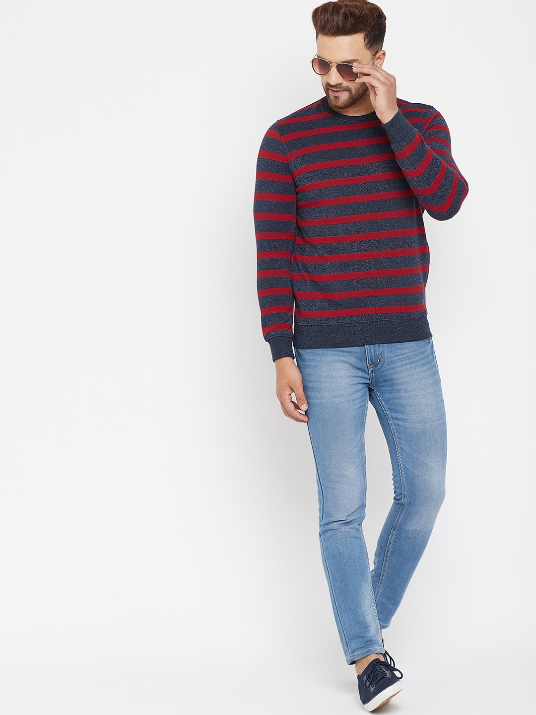 

Crimsoune Club Men Navy Blue Striped Sweatshirt