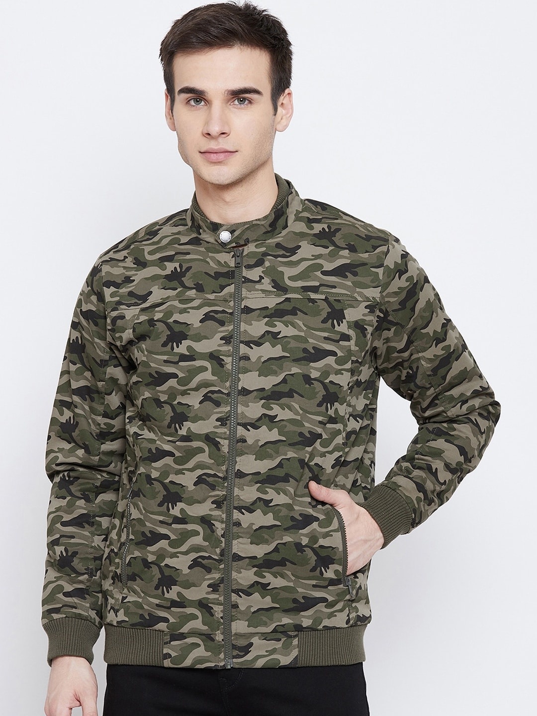 

Crimsoune Club Men Olive Green Beige Camouflage Bomber Jacket