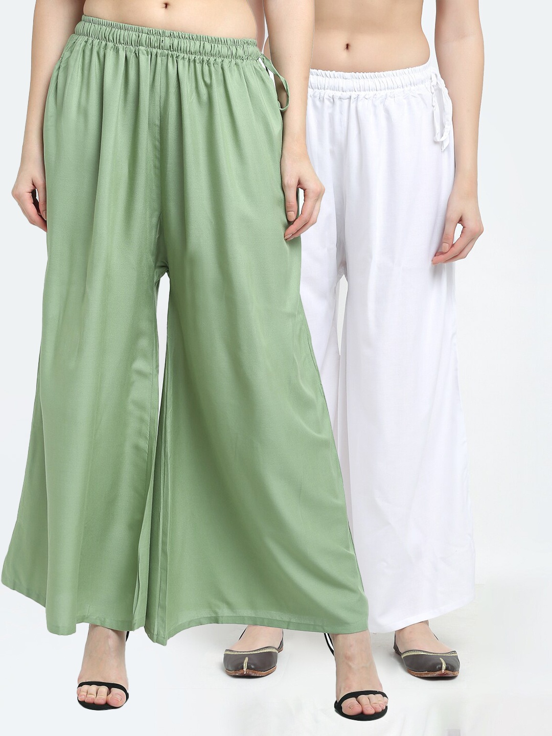 

TAG 7 Women Pack Of 2 White & Green Solid Flared Palazzos
