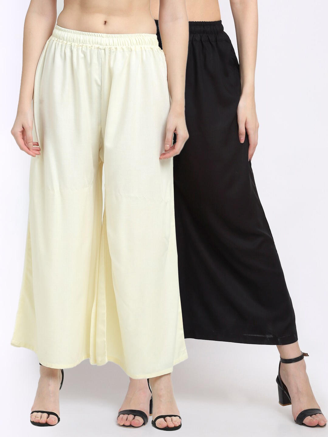 

TAG 7 Women Pack Of 2 Off White & Black Solid Flared Palazzos
