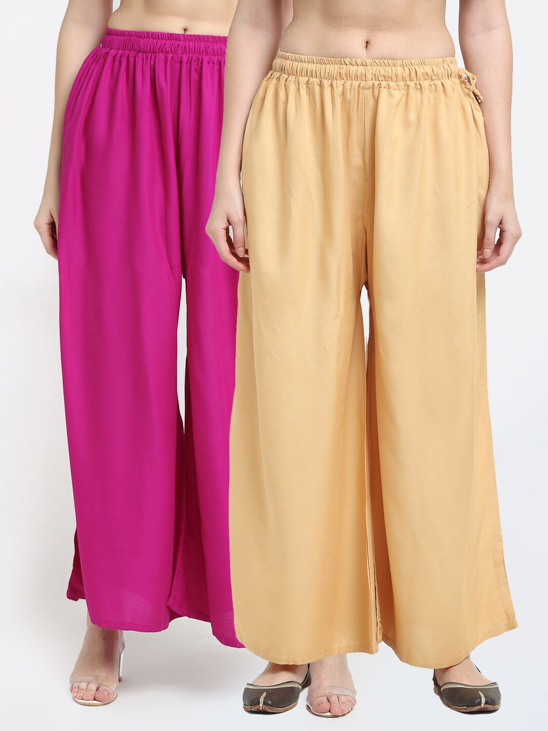

TAG 7 Women Pack Of 2 Beige & Pink Solid Flared Palazzos