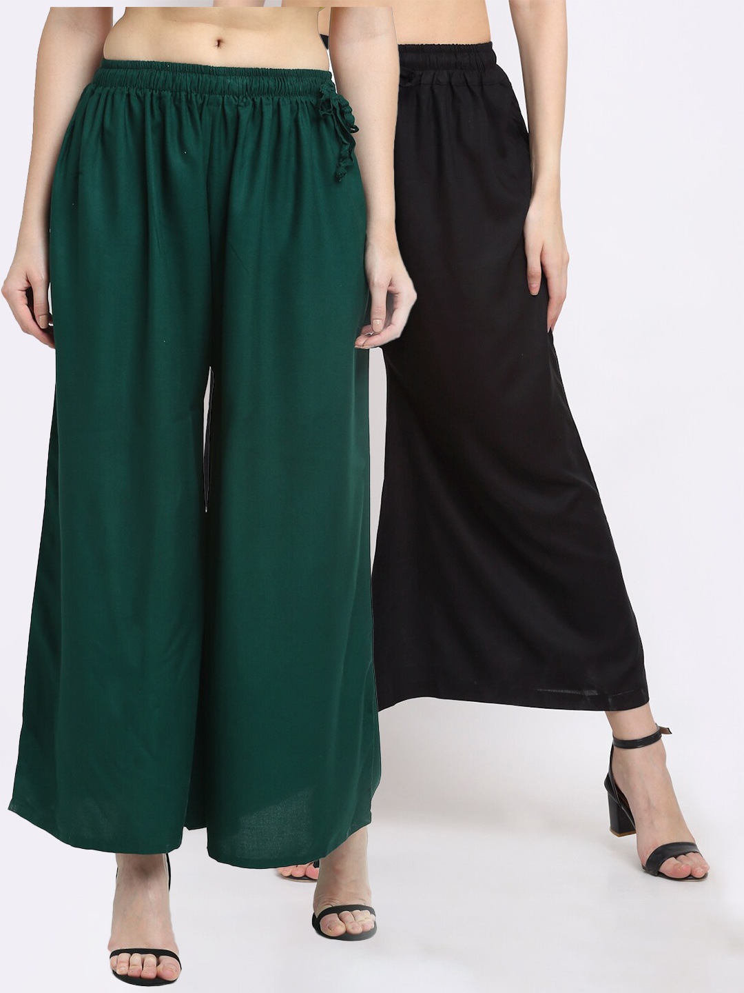 

TAG 7 Women Pack of 2 Black & Green Flared Ethnic Palazzos