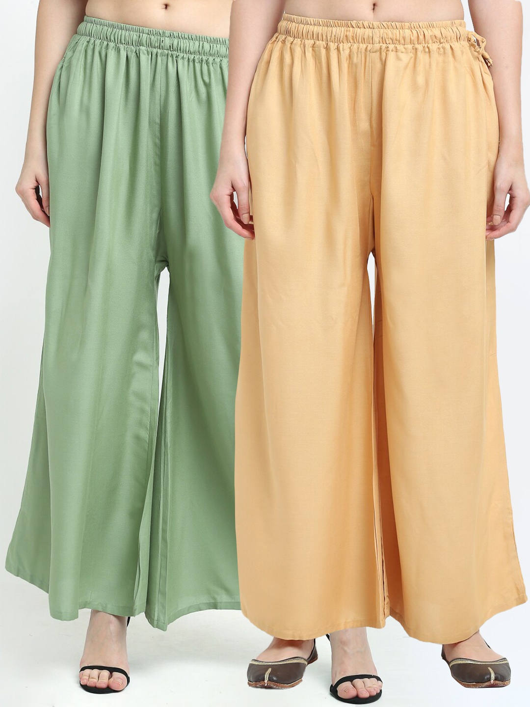 

TAG 7 Women Pack of 2 Beige & Green Flared Palazzos