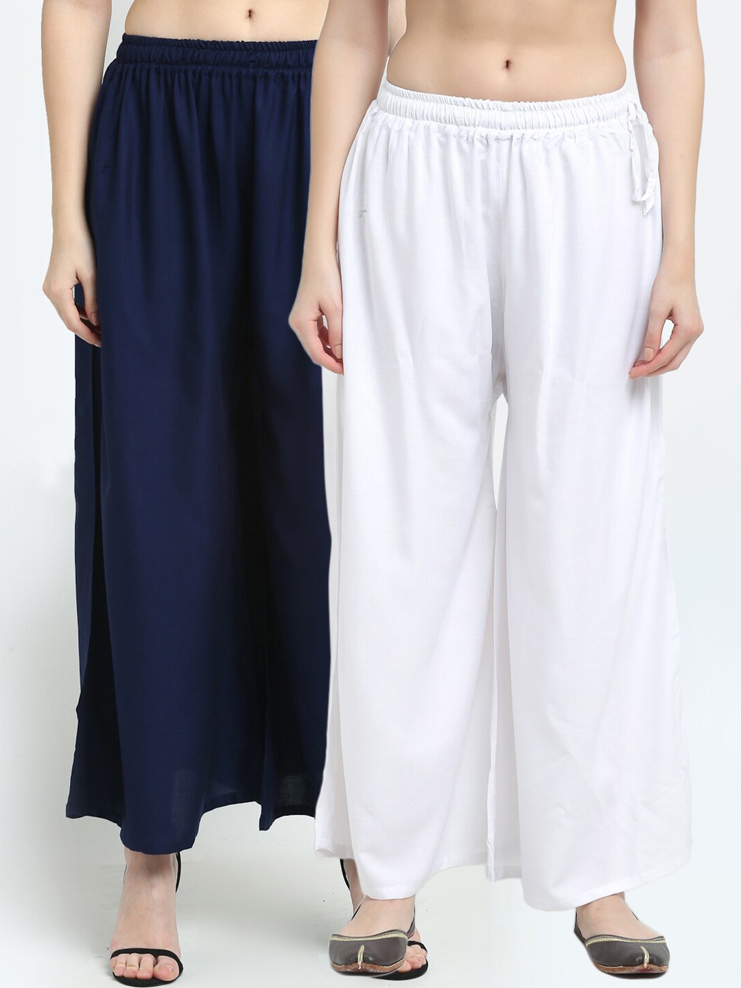 

TAG 7 Women Pack of 2 White & Navy Blue Flared Palazzos