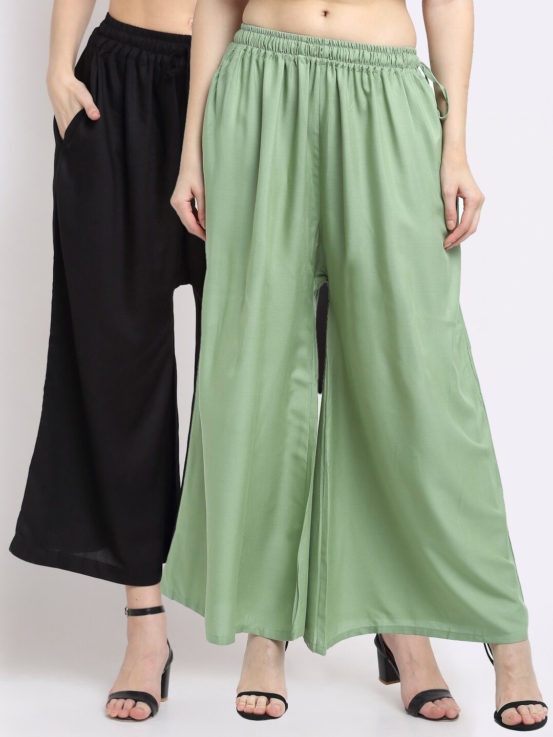 

TAG 7 Women Black & Green Pack Of 2 Flared Ethnic Palazzos