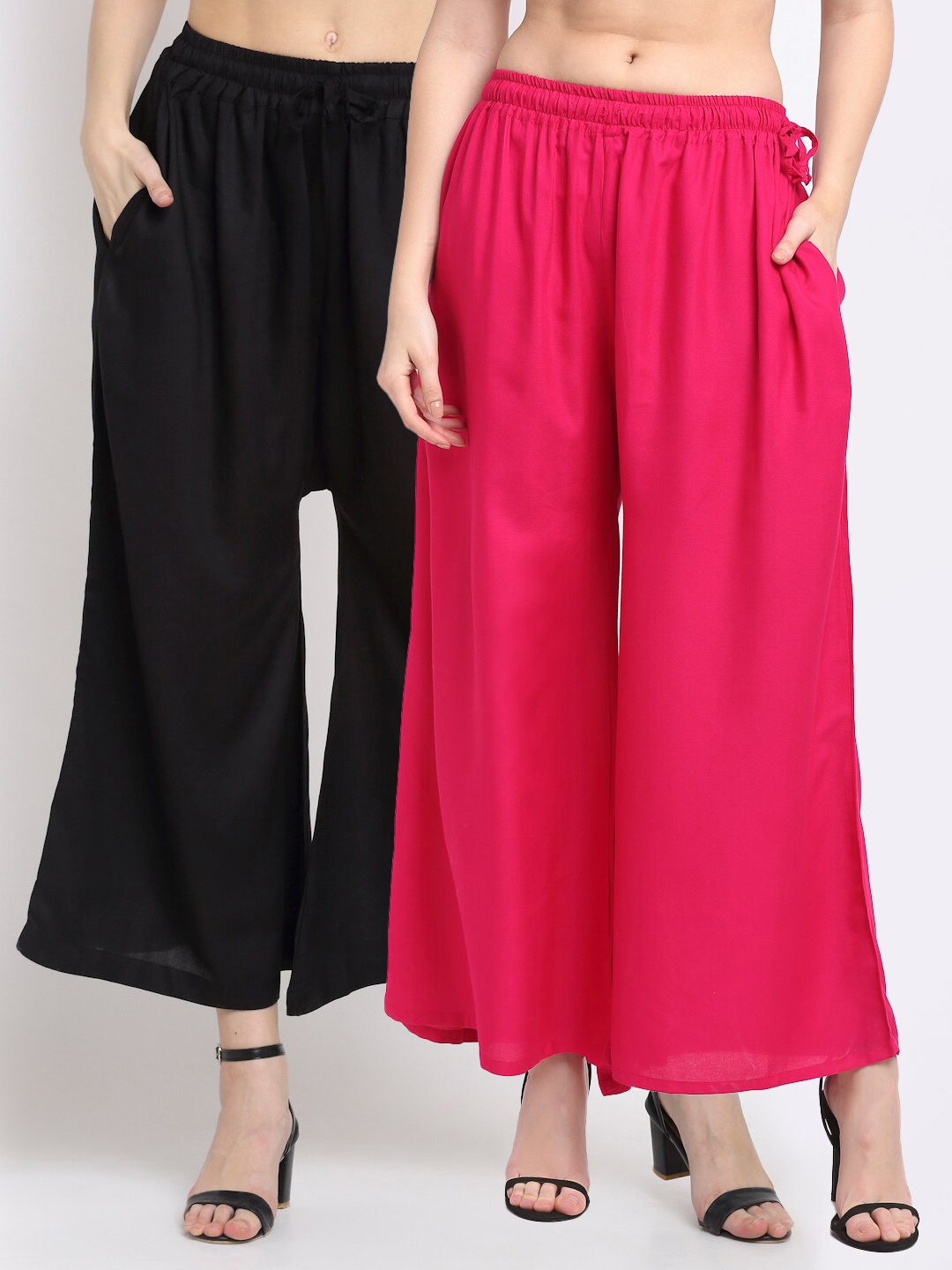 

TAG 7 Women Pack Of 2 Pink & Black Solid Flared Palazzos